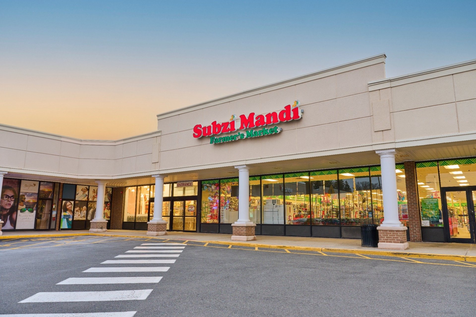 Subzi Mandi Farmer's Market storefront in Clifton, NJ at dusk